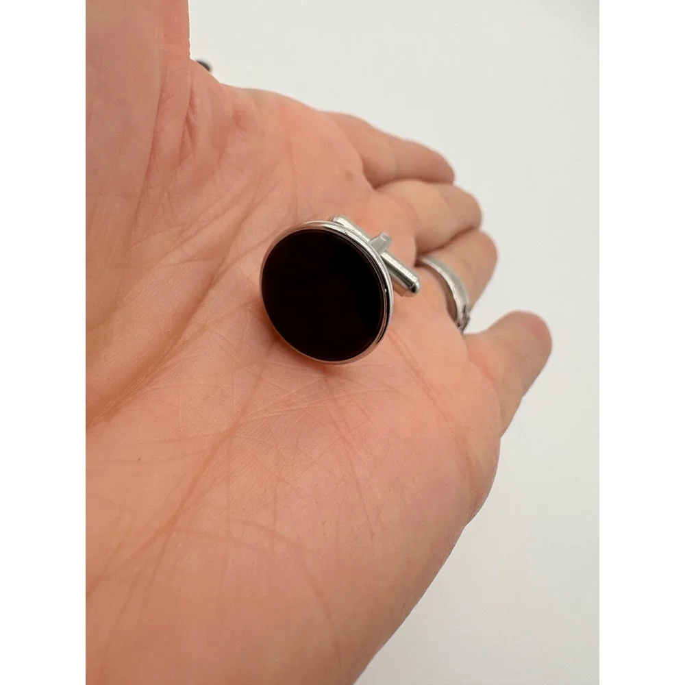 After Six Vintage Mens Cufflinks and Shirt Studs Set Black Silver Round Formal